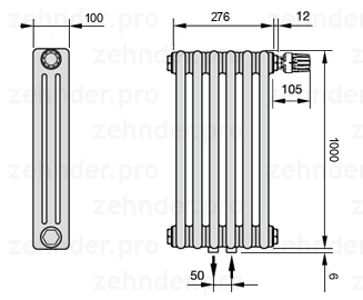 Схема (чертеж) Радиатор Zehnder Charleston 3100/6 №V008 Белый глянцевый RAL 9016